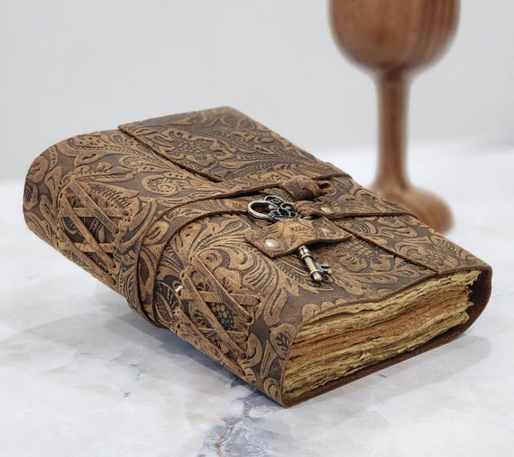 Extra Large Handmade Floral Leather Journal - Personalized Vintage Bound Notebook - Grimoire, Writing Notebook, Rustic Deckle Edge Paper.