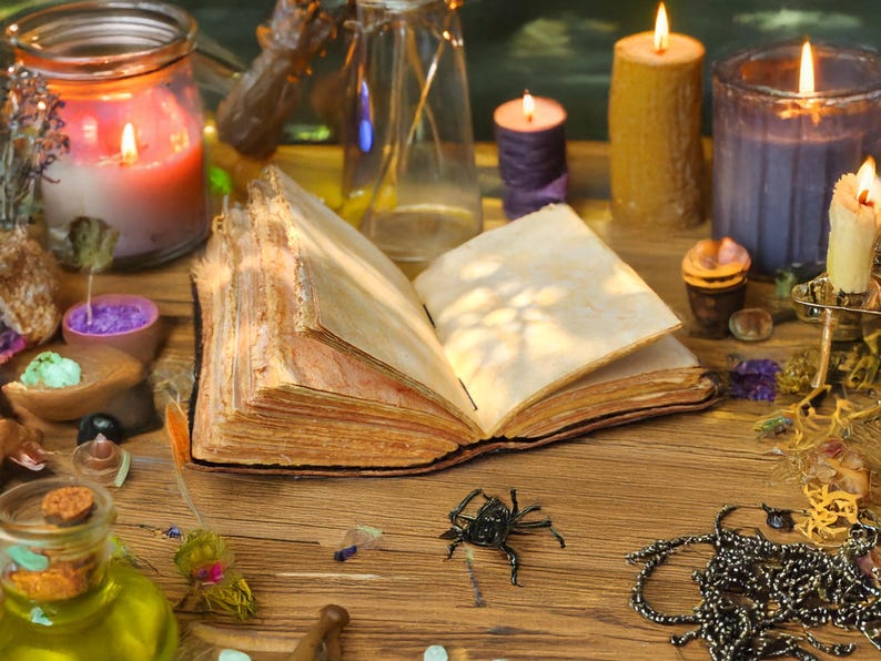 May include: An open, aged book with blank pages sits on a wooden table, surrounded by candles, jars, and a decorative spider. The scene evokes a mystical or magical theme, with warm lighting and various small objects.