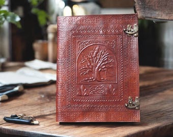 Embossed Leather Tree of Life Journal | Large Handmade Grimoire