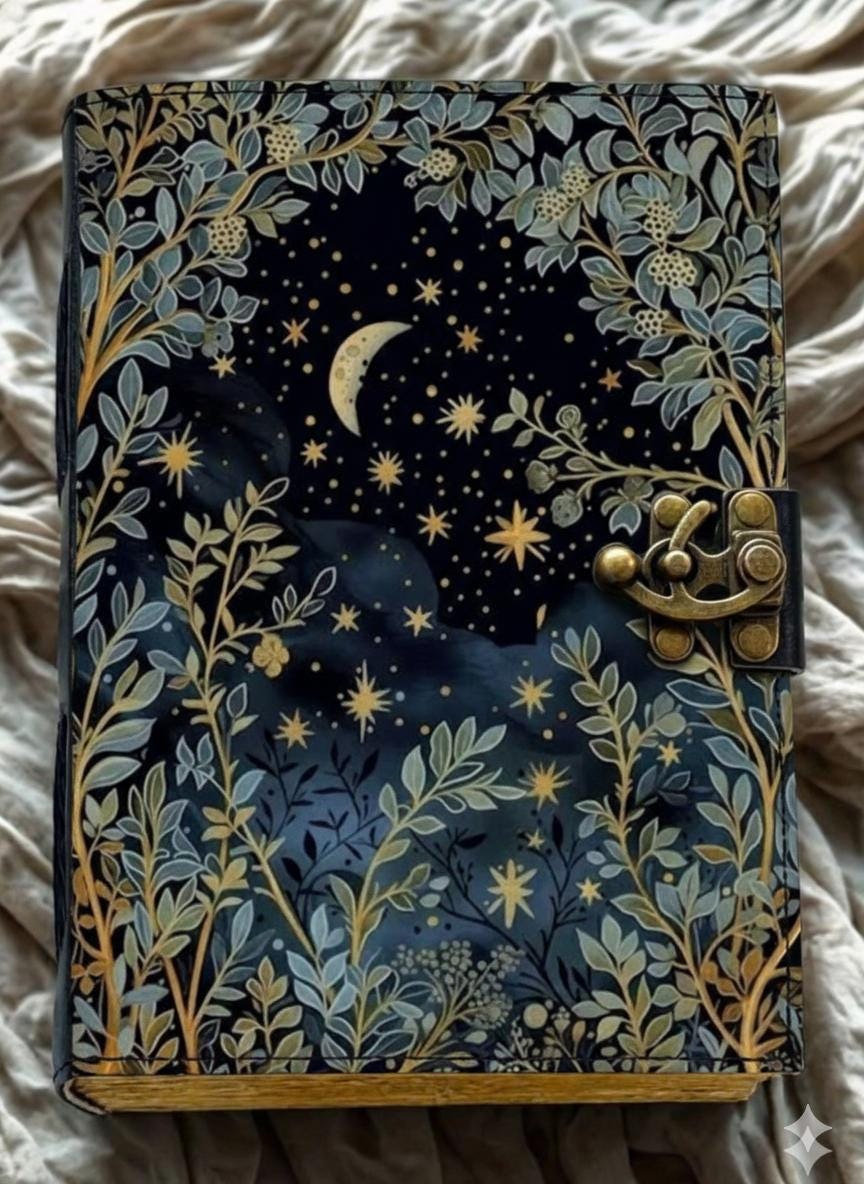 Grimoire Leather Journal - Moon and Tree Printed Blank Spell Book of ...