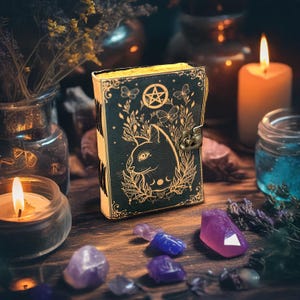 May include: A dark green journal with a cat design, pentagram, and botanical accents. The journal has a clasp closure and gold-colored edges. Amethyst and quartz crystals, candles, and dried flowers surround the journal on a wooden surface.