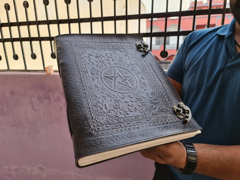 Fat Leather Journal, Extra Large Pentacle Black Leather journal, Pentagram Journal, Book of Shadows, Leather Grimoire, Best gift for witches 400 Pages