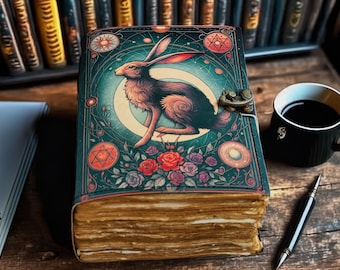May include: A decorative journal with a rabbit illustration on the cover. The cover is teal with a brass clasp, and the rabbit is set against a moon. Roses and geometric shapes surround the rabbit. A cup of coffee and a pen are nearby.