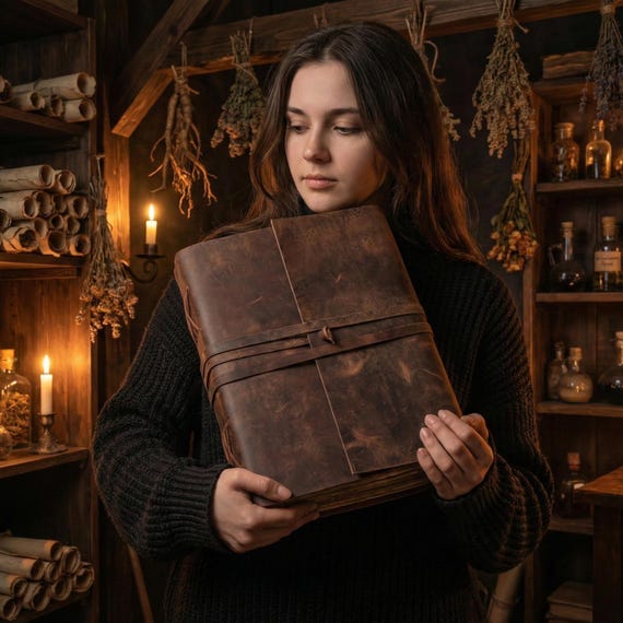 Extra-large handmade leather journal with genuine deckle-edge pages — the kind of grimoire-aesthetic sketchbook that makes writers and artists feel like they're working on something important.
