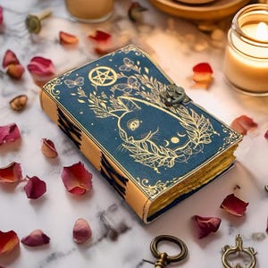 May include: A blue leather journal with a gold rabbit design and a metal clasp. The cover features a rabbit, moon phases, and botanical elements. The journal's edges are gold, and it is surrounded by rose petals.