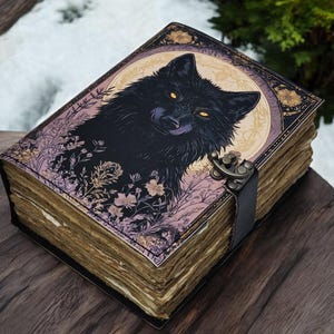 May include: A decorative book with a black wolf illustration on the cover. The cover features a wolf's head with yellow eyes, surrounded by floral and moon designs. The book has a leather strap and clasp.