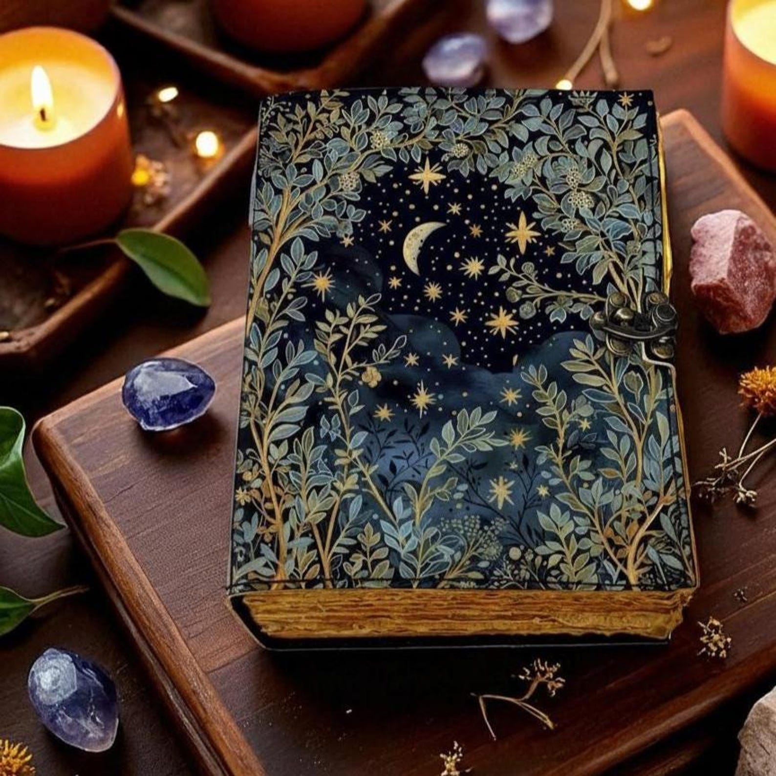Grimoire Leather Journal - Moon and Tree Printed Blank Spell Book of ...