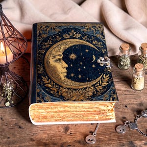 May include: A rectangular journal with a dark blue cover featuring a gold-toned illustration of a crescent moon with a human face, surrounded by stars and floral patterns. The book has a metal latch and thick, textured, light brown pages.