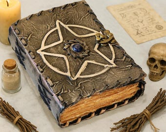 Diario de cuero hecho a mano, grimorio de pentagrama, diario de brujería gótica