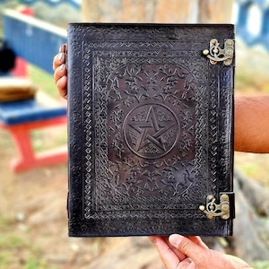 Extra large Antique Pentagram Embossed Black Leather Spell Journal, Handmade Paper Personal Diary, Leather Grimoire wiccan Gift for witches