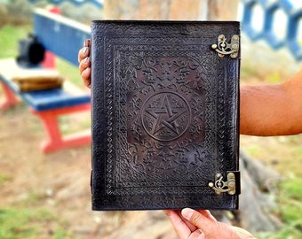 Diario de hechizos de cuero negro en relieve con pentagrama antiguo extra grande, diario personal de papel hecho a mano, regalo wiccan de grimorio de cuero para brujas