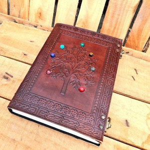 Large Handmade Tree of Life Seven Stone Brown Leather Journal, Blank Kraft Paper Gift For Him & Her Grimoire, Notebook