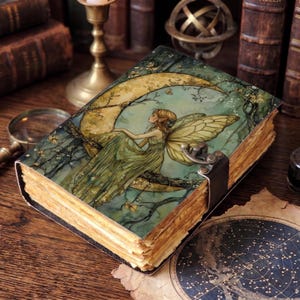 Puede incluir: Un diario de tapa dura con una ilustración en verde y dorado de un hada sentada sobre una luna creciente. El libro presenta bordes de papel envejecidos y un cierre de metal oscuro en el lateral que mantiene la cubierta en posición cerrada.
