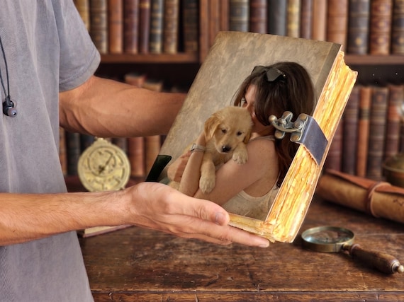 Personalized Custom Leather Journal | Cat & Dog Portrait Diary Photo Notebook | Rustic Deckle Edge Memory Book | Pet Lover Gift