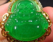 1Yellow Gold Plate Green JADE Pendant Happy big huge Buddha Necklace EB3100651