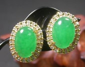 Y Yellow Gold Plate Green JADE Pair Stud Earring Earrings Cabochon EB272150