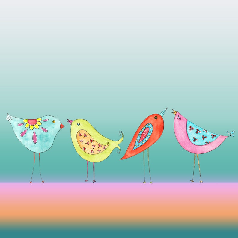 May include: Four colorful cartoon birds with different patterns and designs. The birds are drawn in a whimsical style with bright colors and simple shapes.