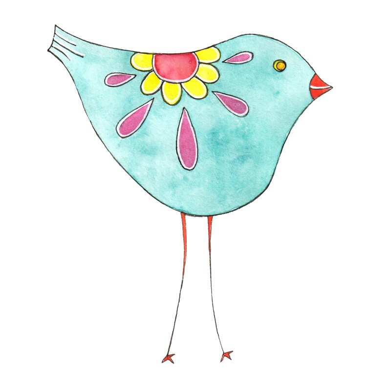 May include: A whimsical watercolor painting of a blue bird with a pink and yellow flower design on its chest. The bird has long, thin legs and a red beak.