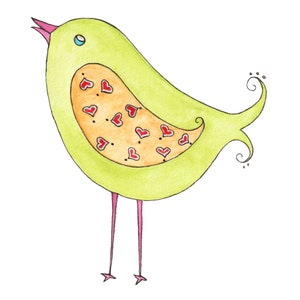 May include: A green bird with a red heart pattern on its chest and pink legs. The bird has a whimsical, cartoon-like style.