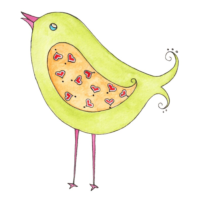 May include: A green bird with a red heart pattern on its chest and pink legs. The bird has a whimsical, cartoon-like style.