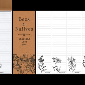May include: A brown shopping list pad with the text "Bees & Natives Shopping List Pad" and a bee illustration. The pad has five sections with lined paper and illustrations of native plants, including "Leptospermum", "Callistemon", "Brachyscome", "Lechenaultia", and "Epacris".