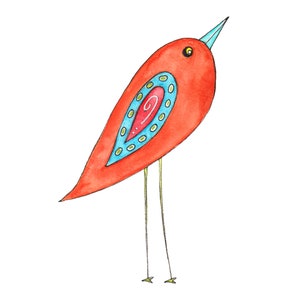 May include: A whimsical watercolor painting of a red bird with blue and green accents. The bird has a long, thin beak and long, thin legs.