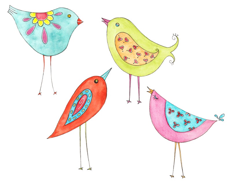 May include: Four watercolor illustrations of stylized birds with different colors and patterns. The birds are drawn with simple lines and have long legs. The birds are on a white background.