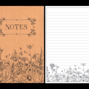 May include: A brown paper notebook with a black floral border and the word "NOTES" in a black frame. The notebook has lined pages.