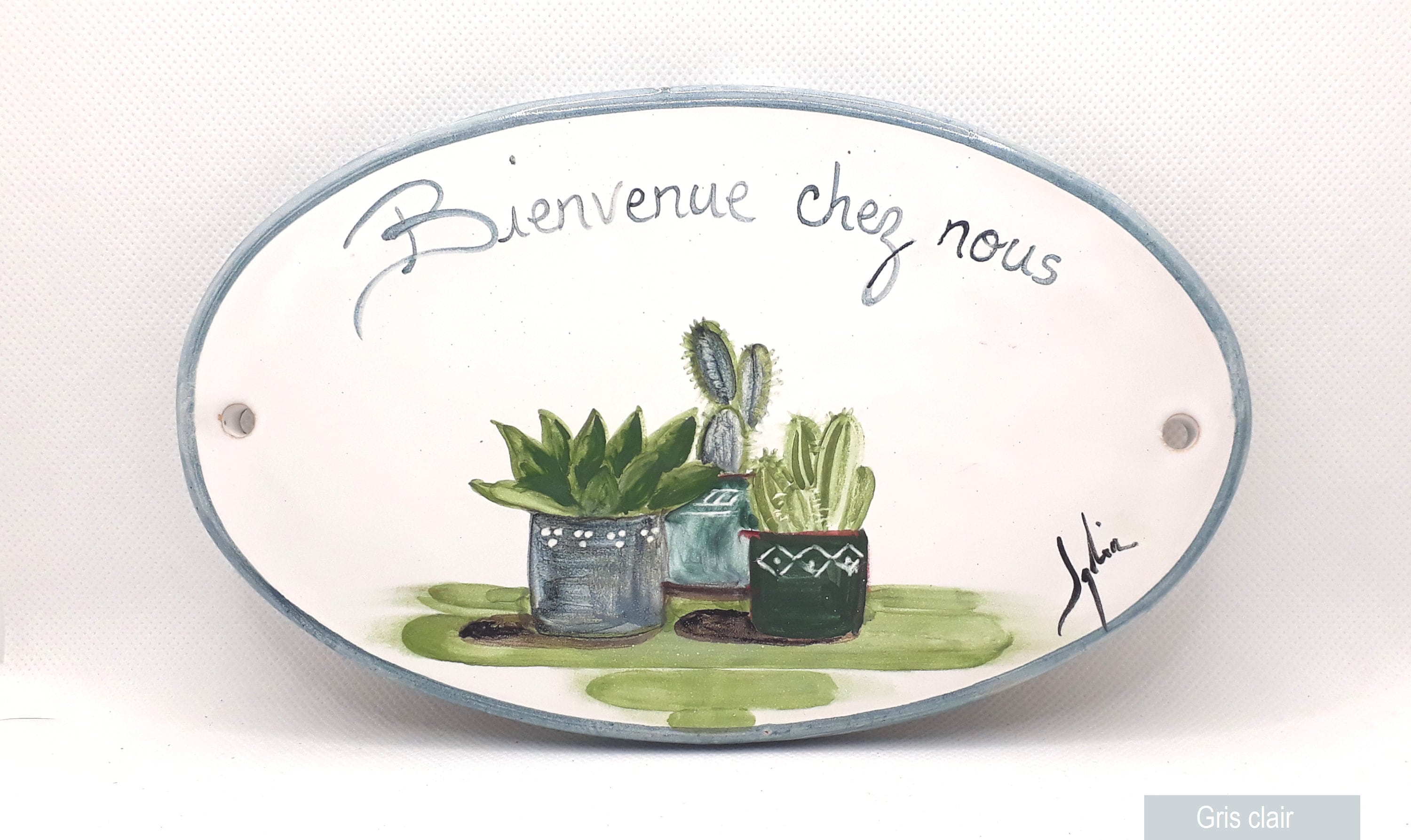 Plaque de Rue Ovale à Personnaliser en Céramique, Motif Cactus, Bienvenue Chez Nous