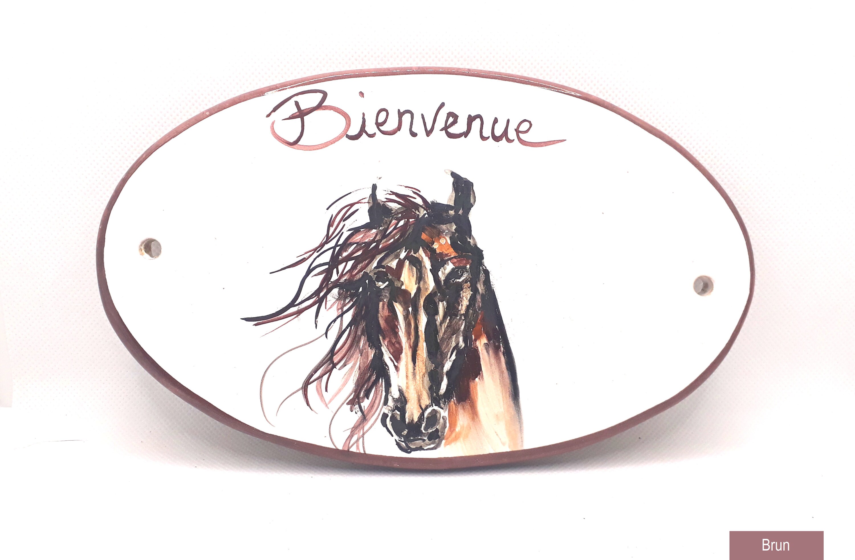 Plaque de Rue Ovale Personnalisée en Céramique, Bienvenue, Motif Tête Cheval