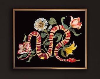 May include: A red and white snake with black spots is curled around a cluster of flowers on a black background. The flowers are white, yellow, and red. The snake is a stylized design with a floral pattern.