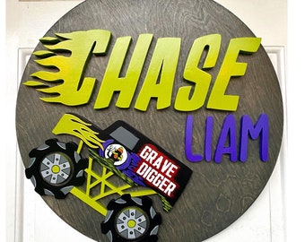 Monster Truck Circle Sign | Custom Name Sign | Monster Truck Sign | Grave Digger |Truck Sign | Monster Truck Nursery