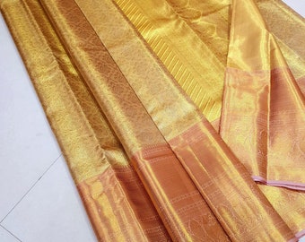 Wedding Bridal Kanchipuram 2Gram gold pure silk sarees, Gold and yellow with red border