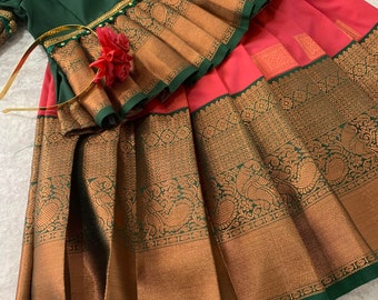 pattu pavadai , silk pavadai, kids paddu pavadai, copper and cream color