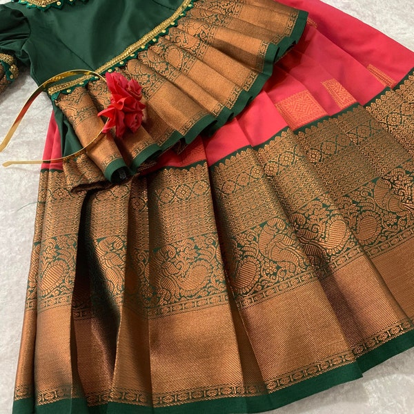 pattu pavadai , silk pavadai, kids paddu pavadai, copper and cream color