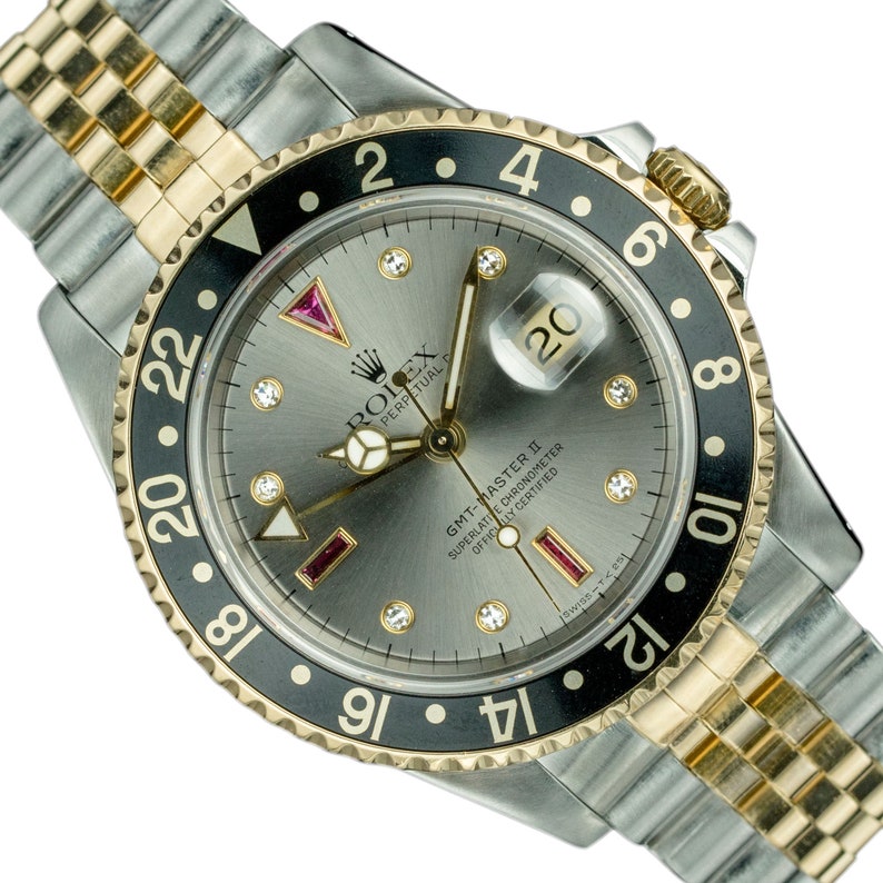 Rolex Men's GMT Master II 16713 Serti Diamond Ruby Dial Etsy