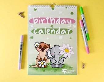 Calendrier d'anniversaire Din A4, calendrier mural, calendrier annuel perpétuel, coloré, illustré avec amour