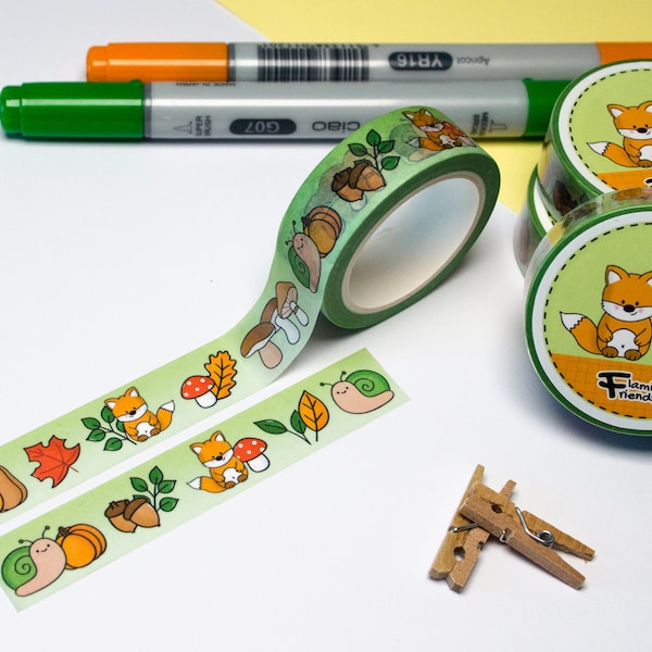 Washi Tape - Herbst, Fuchs, Kürbis, Schnecke, Pilze, Ahornblatt, Steinpilze, Halloween, 10 m x 15 mm