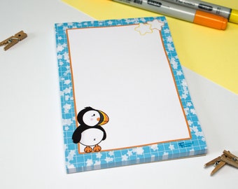 Memo Pad DIN A6 - Papageientaucher, Sterne, Kawaii, Notizblock, 50 Blatt, 10,5 cm x 14,8 cm