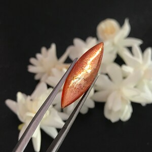 May include: A close-up of a red sunstone gemstone with gold flecks, held by tweezers against a background of white flowers.