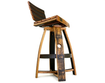 Whiskey Barrel Swiveling Bar Stool - Reclaimed and Upcycled - Rustic Bourbon Lounge Furniture and Decor