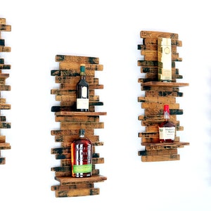 Whiskey Barrel Decor Shelves | Whiskey Bottles Display | Reclaimed Barrel Wood