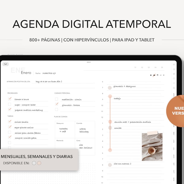 Agenda Digital Sin Fechas en Español, Planificador Digital Eterno, Agenda Digital Atemporal, Notability y Goodnotes, PDF para iPad