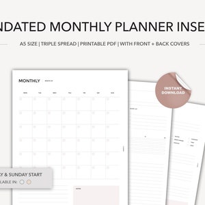 A5 Printable Monthly Planner Insert • Minimalist Undated PDF Calendar Template • Monthly Overview Page for Ring Planners or Binders