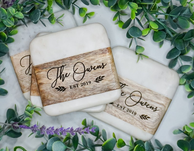 Custom Wood & Marble Coasters Custom Engraved Marble Coasters Custom Gift Personalized Coaster Customized Wedding Gift Coasters zdjęcie 5