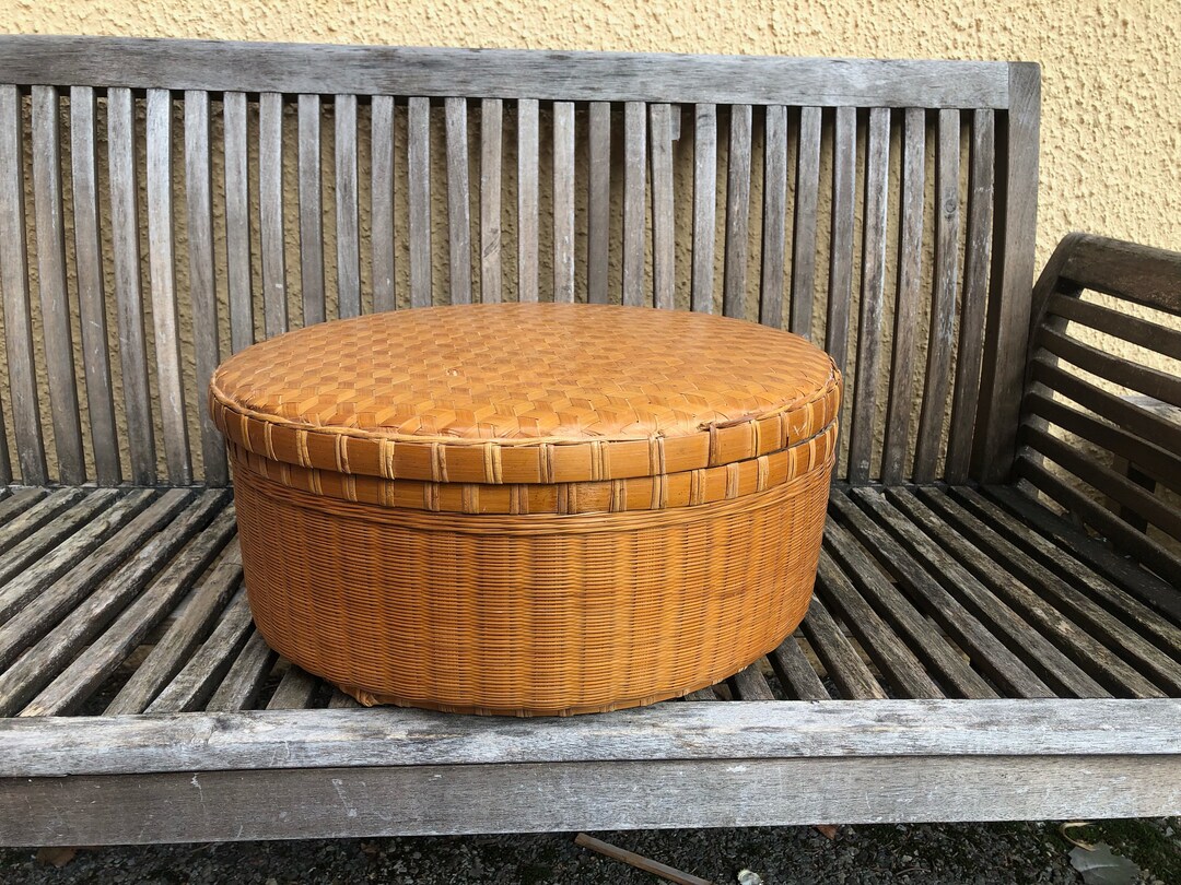 vintage 籐製 バスケット 古い蓋付きのバスケット かご 籐トランク 大型 籠 | antiques