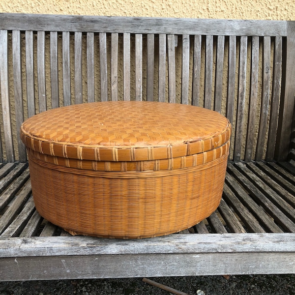 Cesto in rattan e bambù vintage realizzato a mano - 45 cm di diametro