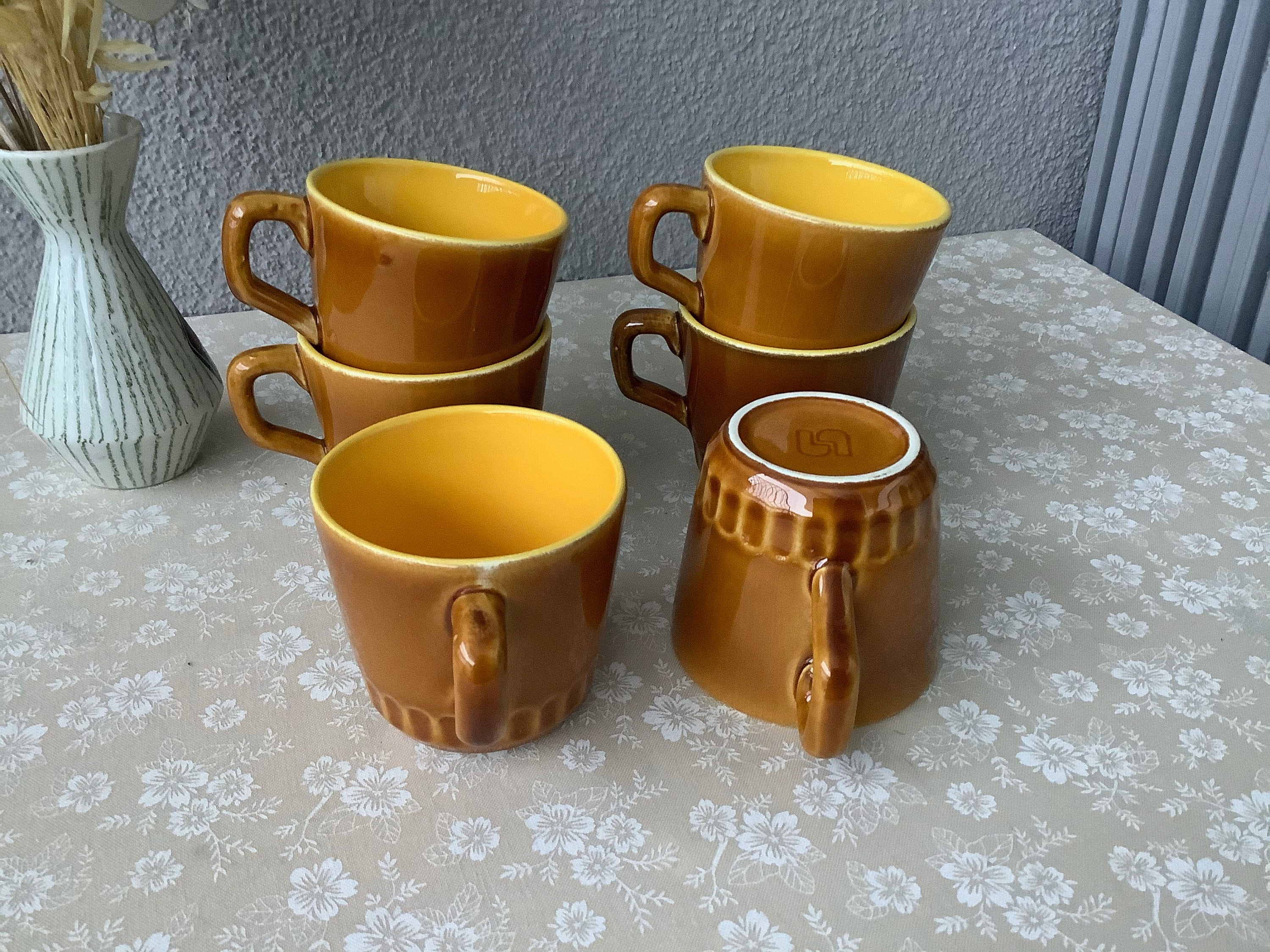 Digoin sarreguemines brown and yellow cups French espresso cups