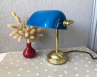 Lámpara de notario vintage - Cristal opalino azul y latón dorado - Marca Tarogo