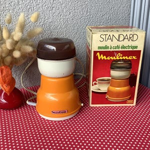 Moulinex electric coffee grinder, vintage orange - space age design